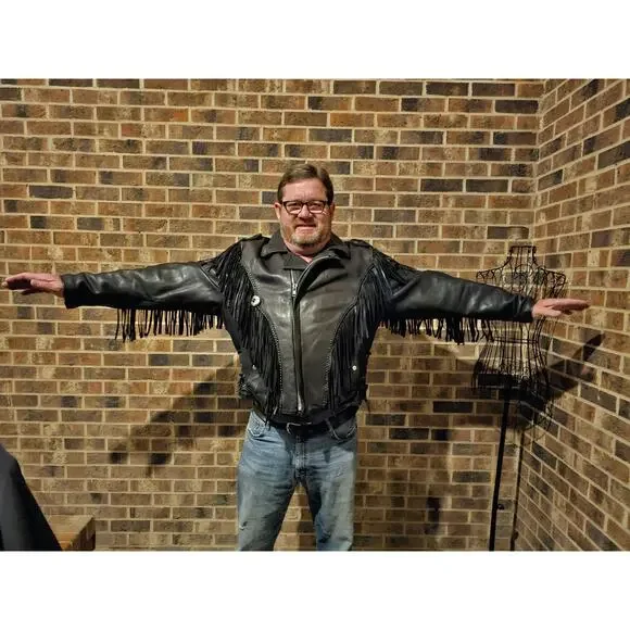 Vintage U.S. MADE Co. Black Leather Fringe Motorcycle Jacket Coat Men's XXL GIFT - Picture 3 of 16